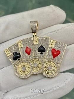 Pendentif de carte de poker As en or jaune plaqué 14 carats avec diamant de synthèse rond taillé 2 carats
