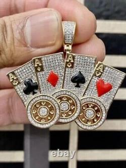 Pendentif de carte de poker As en or jaune plaqué 14 carats avec diamant de synthèse rond taillé 2 carats