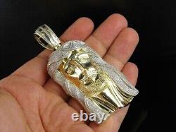 Pendentif en argent plaqué or jaune avec tête de Jésus pour homme, Coupe ronde de 2 carats en moissanite réelle