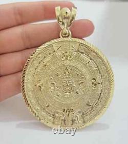 Pendentif en charme pour hommes grands avec calendrier aztèque maya design en plaqué or jaune 14K