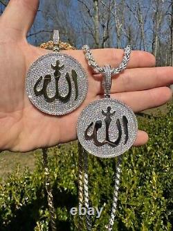 Pendentif médaille Allah en moissanite taillée ronde de 3 carats, plaqué or blanc 14 carats