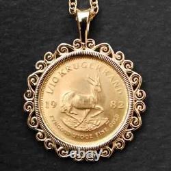 Pendentif unisexe personnalisé en pièce Krugerrand avec chaîne de 18 pouces en argent plaqué or jaune 14 carats.