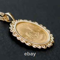 Pendentif unisexe personnalisé en pièce Krugerrand avec chaîne de 18 pouces en argent plaqué or jaune 14 carats.