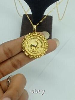 Pendentif unisexe personnalisé en pièce Krugerrand avec chaîne de 18 pouces en argent plaqué or jaune 14 carats.