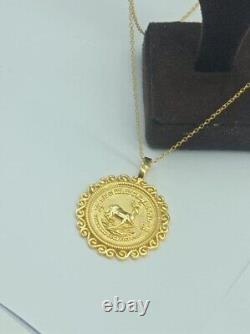 Pendentif unisexe personnalisé en pièce Krugerrand avec chaîne de 18 pouces en argent plaqué or jaune 14 carats.