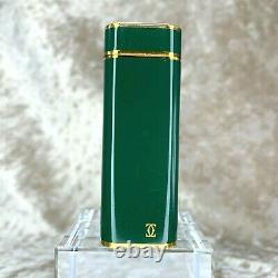 Rare Vintage Cartier Lighter Vert Laque 18k Plaqué Or Accents Avec Boîtier