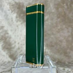 Rare Vintage Cartier Lighter Vert Laque 18k Plaqué Or Accents Avec Boîtier