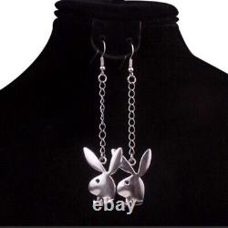 Sans Diamond Playboy Bunny Rabbit Dangle Chaîne Boucles D'oreilles En Or Blanc 14k