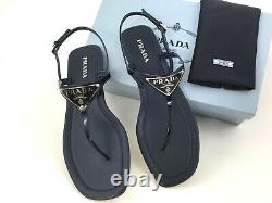 Sz. 36.5 Prada Triangle Logo Plaque String Sandal Bleu Patent Chaussures En Cuir Slide