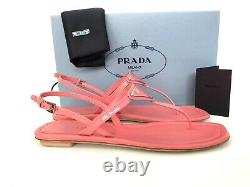 Sz. 39 Prada Triangle Logo Plaque String Sandal Rose Patent Chaussures En Cuir Slide