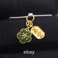 Véritable plaque de richesse en or jaune 24 carats avec pendentif fleur en jade vert naturel.