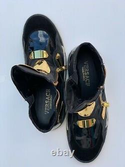 Versace Medusa Sneakers Gold Plate En Cuir Noir Haut Baskets Montantes Bottes Rare