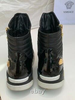 Versace Medusa Sneakers Gold Plate En Cuir Noir Haut Baskets Montantes Bottes Rare