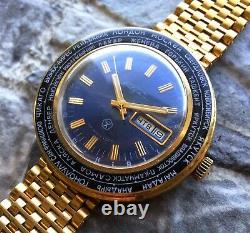 Vintage Raketa Ussr 70s Time Zones Cal. 2628. H Montre-bracelet Pilote Gold Plaqué