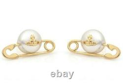 Vivienne Westwood Jordan Mayfair Gold Plaqué Métal Orb Pearl Safety Pin Boucles D’oreilles