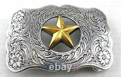 Western Cowboy Silver And Brass Plaqué Texas Ranger Star Trophy Belt Buckle Nouveau